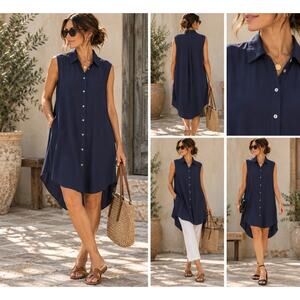 Eileen Fisher 100% Silk Shirt Dress Tunic Navy Blue M Sleeveless High Low Hem